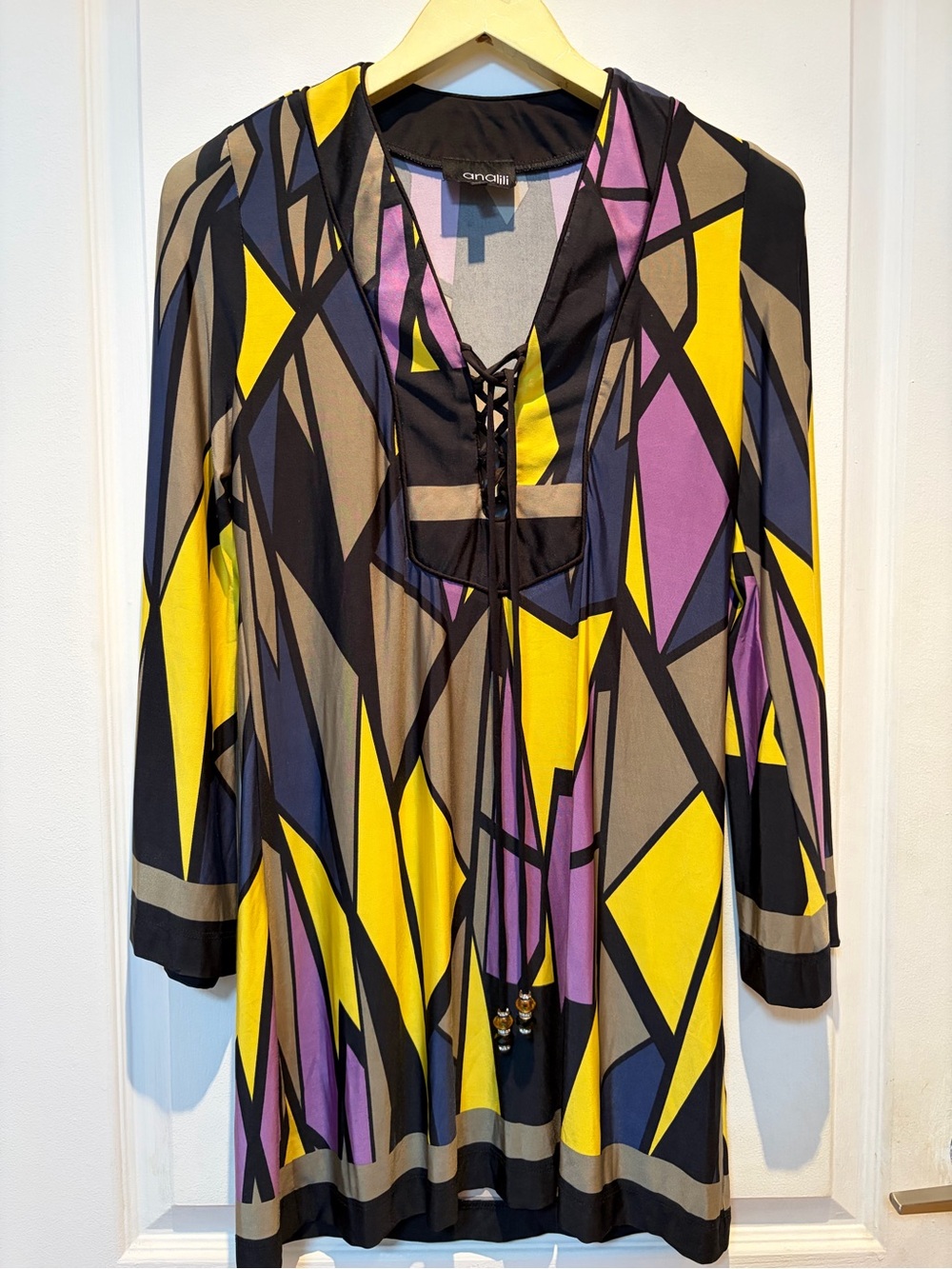 Analili Geometric Lace-Up dress in Yellow, Purple & Black